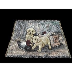 THE RUG BARN 2 Puppies 52" x 67" Fringed Tapestry Cotton Throw Blanket Rug